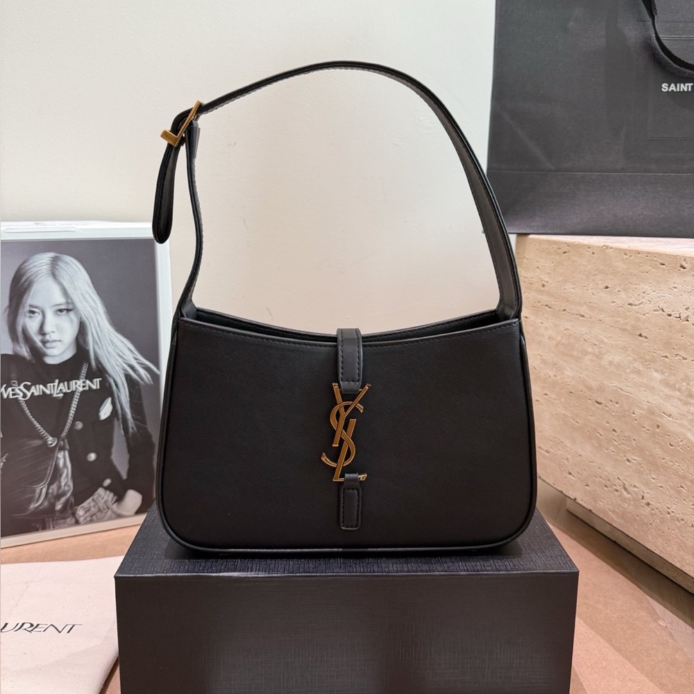 YSL Saint Laurent Black Leather Gold YSL Logo Hobo Underarm Bag